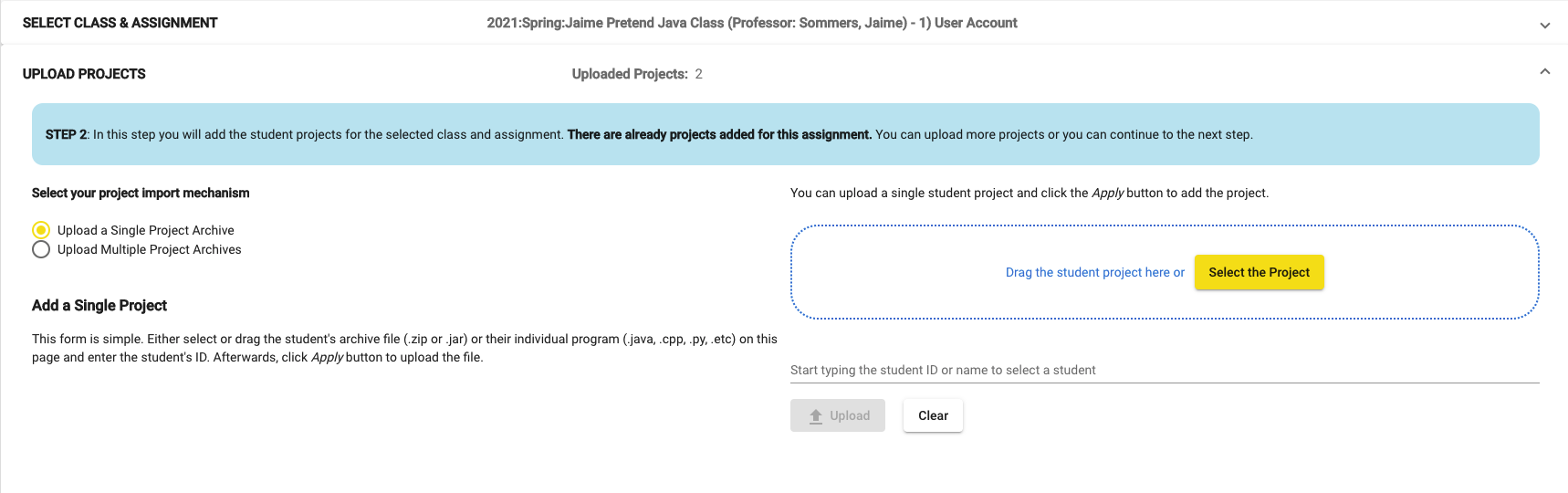 Add or import the projects to the computer science class for software plagiarism detection